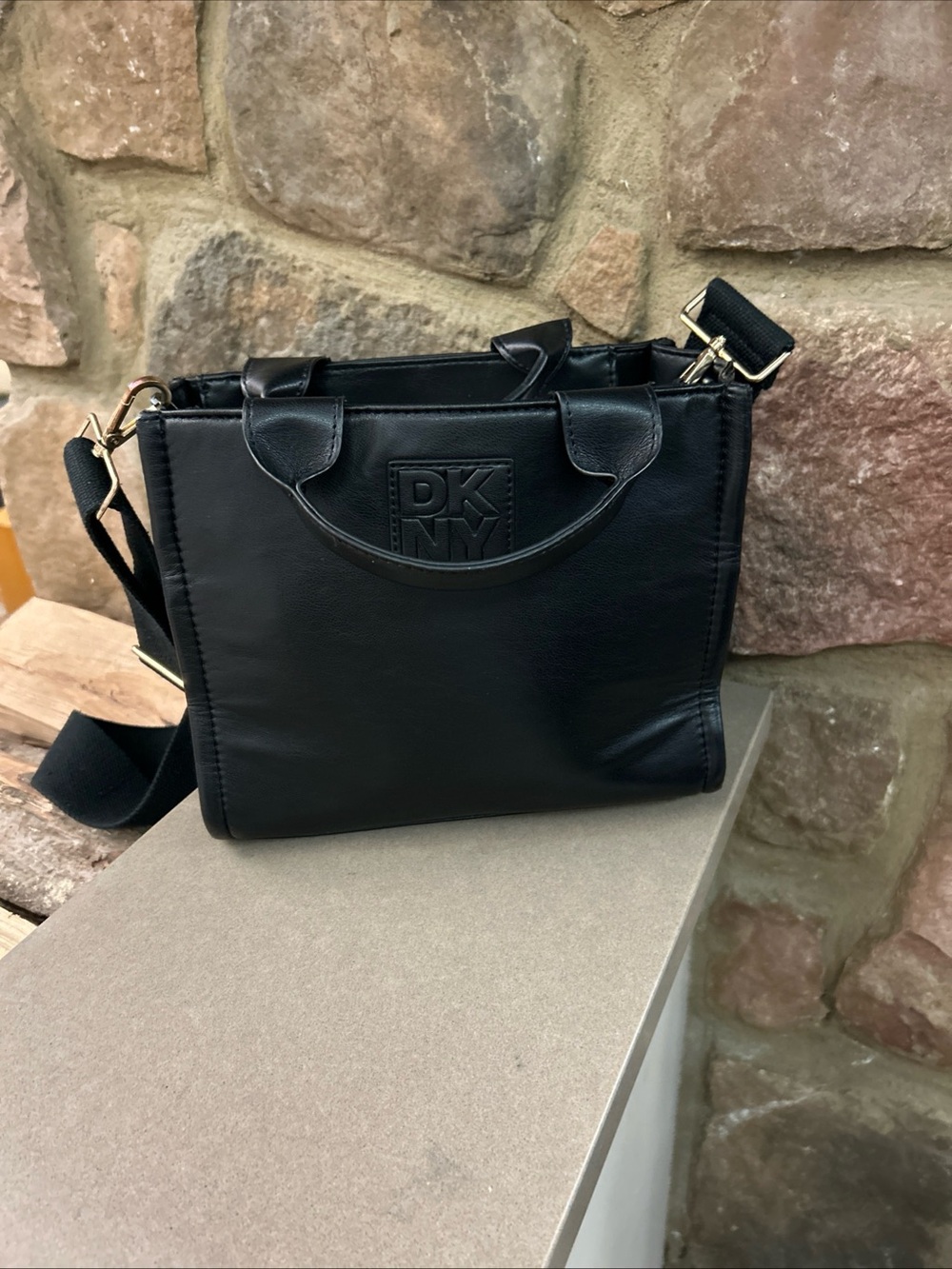 DKNY Black Leather Square Crossbody with Gold-Tone Accents NEW